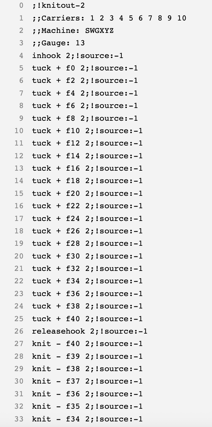 Knitout code excerpt